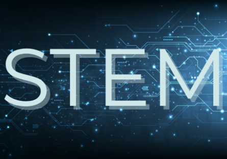 The word STEM over a dark blue circuit board technology concept background.
