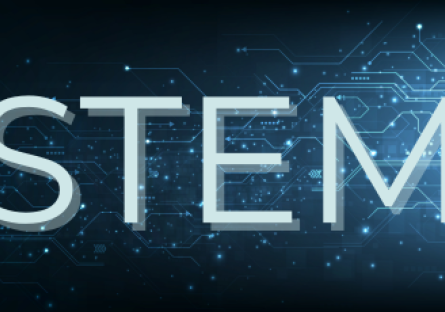 The word STEM over a dark blue circuit board technology concept background.